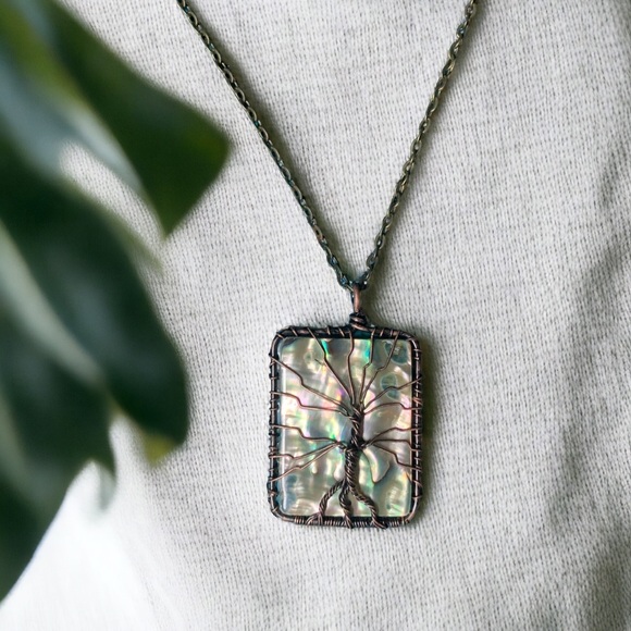 Handmade Tree of Life Abalone Shell Rectangular Necklace - Picture 1 of 1